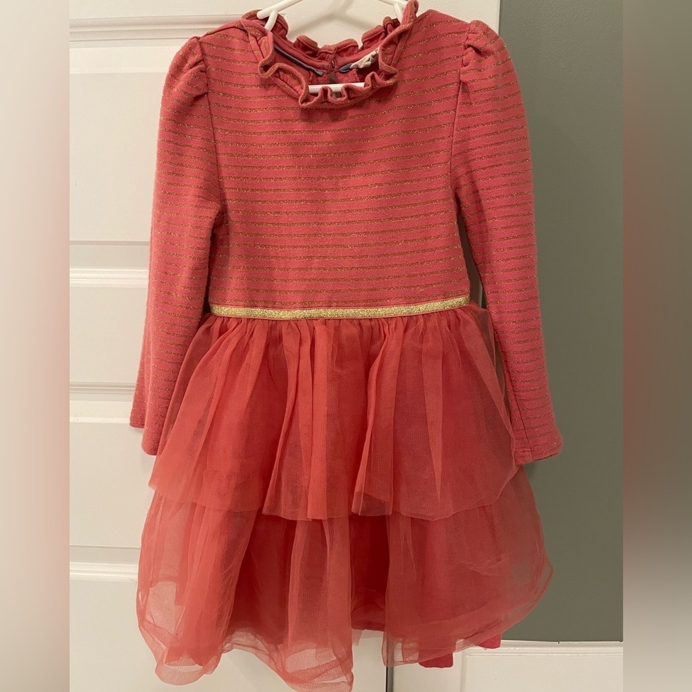 Mini Boden Mauve Pink and Gold Striped Tulle Dress, Size 5-6
